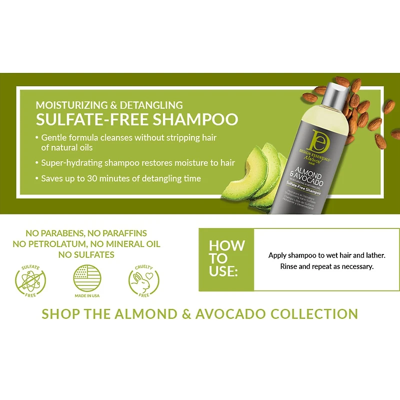 Design Essentials Almond & Avocado Moisturizing & Detangling Sulfate-Free Shampoo 34 oz.