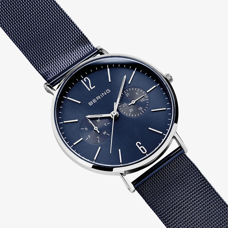 Bering Mens Multi-Function Blue Stainless Steel Bracelet Watch 14240-303