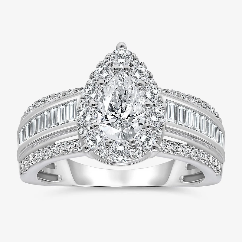 (I / I1) Womens 2 CT. T.W. Lab Grown White Diamond 10K Gold Pear Side Stone Engagement Ring