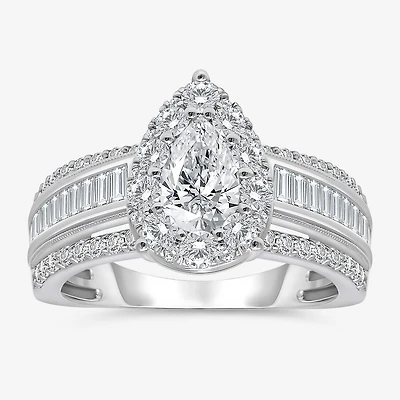 (I / I1) Womens 2 CT. T.W. Lab Grown White Diamond 10K Gold Pear Side Stone Engagement Ring
