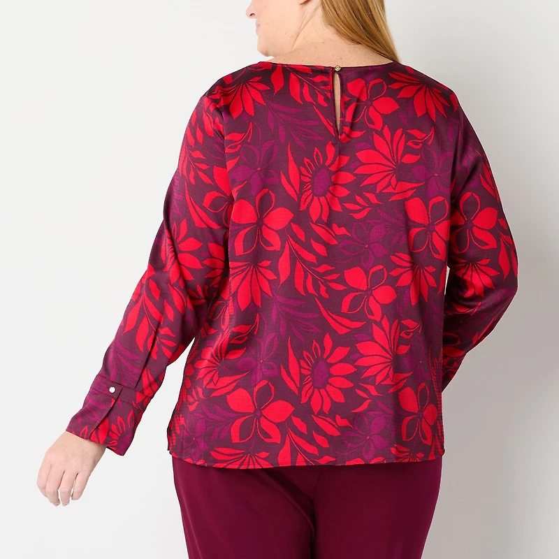 Liz Claiborne Womens Plus Round Neck Long Sleeve Satin Blouse