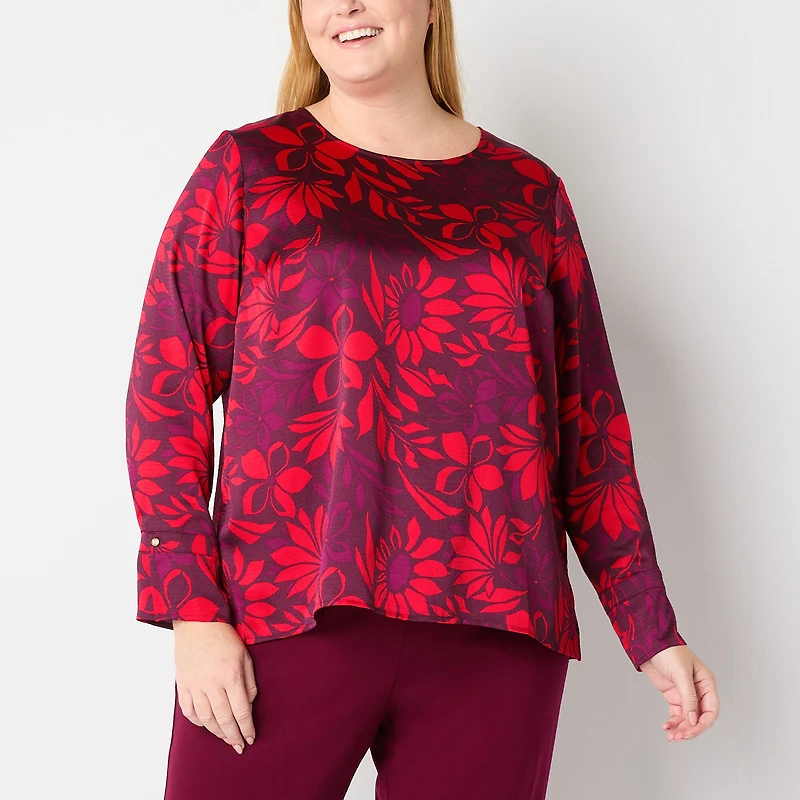 Liz Claiborne Womens Plus Round Neck Long Sleeve Satin Blouse