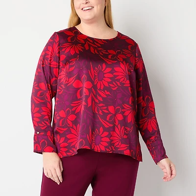 Liz Claiborne Womens Plus Round Neck Long Sleeve Satin Blouse