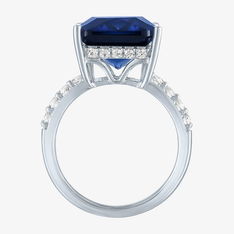 Womens Lab Created Blue Sapphire Sterling Silver Side Stone Cocktail Ring