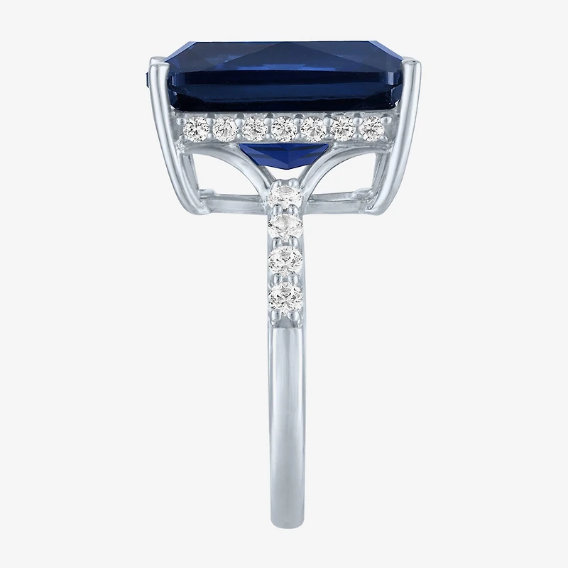 Womens Lab Created Blue Sapphire Sterling Silver Side Stone Cocktail Ring