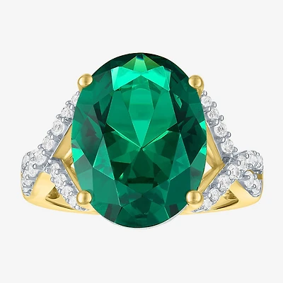 Womens Simulated Green Emerald 14K Gold Over Silver Oval Side Stone Cocktail Ring