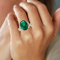 Womens Simulated Green Emerald 14K Gold Over Silver Oval Side Stone Cocktail Ring