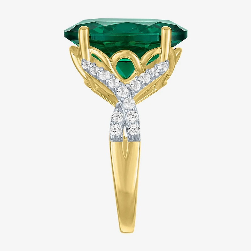 Womens Simulated Green Emerald 14K Gold Over Silver Oval Side Stone Cocktail Ring