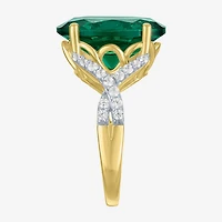 Womens Simulated Green Emerald 14K Gold Over Silver Oval Side Stone Cocktail Ring