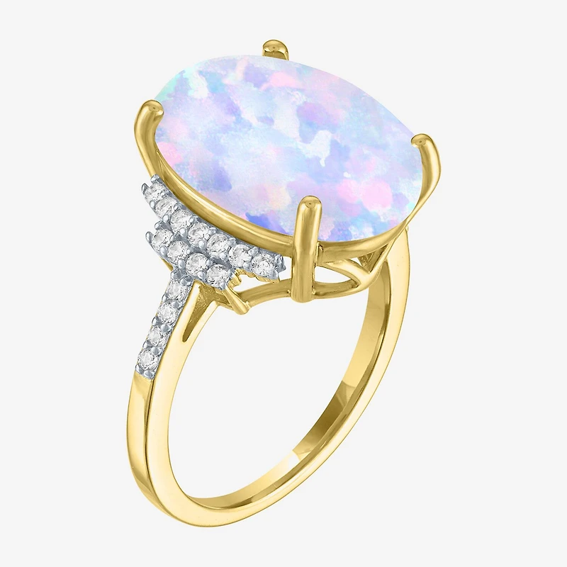 Womens Lab Created White Opal 14K Gold Over Silver Oval Side Stone Cocktail Ring