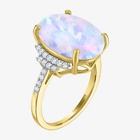 Womens Lab Created White Opal 14K Gold Over Silver Oval Side Stone Cocktail Ring