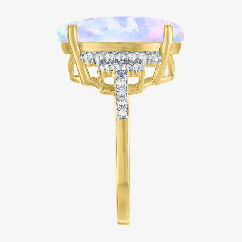 Womens Lab Created White Opal 14K Gold Over Silver Oval Side Stone Cocktail Ring