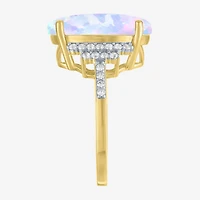 Womens Lab Created White Opal 14K Gold Over Silver Oval Side Stone Cocktail Ring