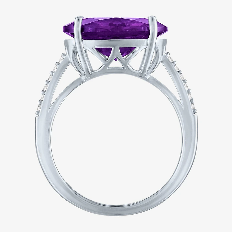 Womens Genuine Purple Amethyst Sterling Silver Oval Side Stone Cocktail Ring