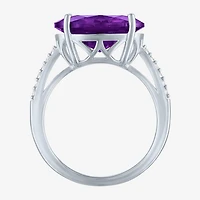 Womens Genuine Purple Amethyst Sterling Silver Oval Side Stone Cocktail Ring