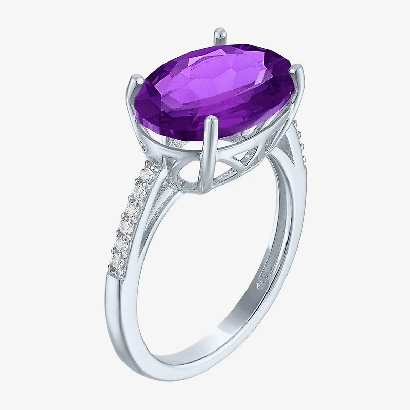 Womens Genuine Purple Amethyst Sterling Silver Oval Side Stone Cocktail Ring