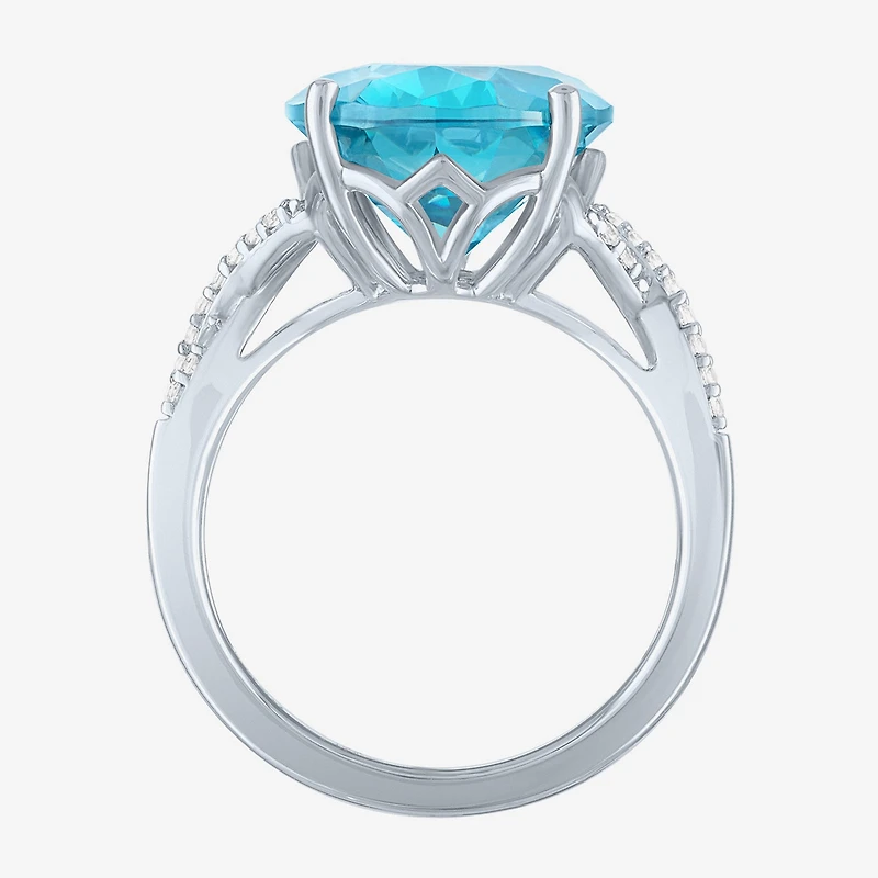 Womens Genuine Blue Topaz Sterling Silver Oval Side Stone Cocktail Ring