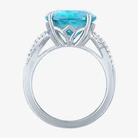 Womens Genuine Blue Topaz Sterling Silver Oval Side Stone Cocktail Ring