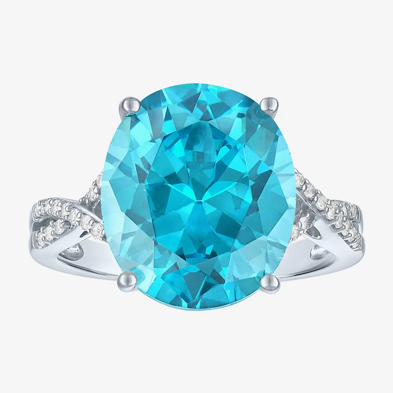 Womens Genuine Blue Topaz Sterling Silver Oval Side Stone Cocktail Ring