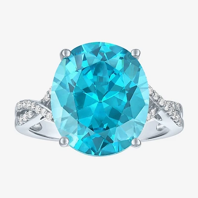 Womens Genuine Blue Topaz Sterling Silver Oval Side Stone Cocktail Ring