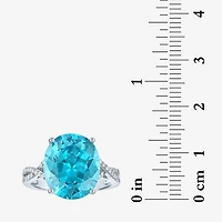 Womens Genuine Blue Topaz Sterling Silver Oval Side Stone Cocktail Ring