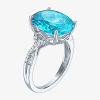 Womens Genuine Blue Topaz Sterling Silver Oval Side Stone Cocktail Ring
