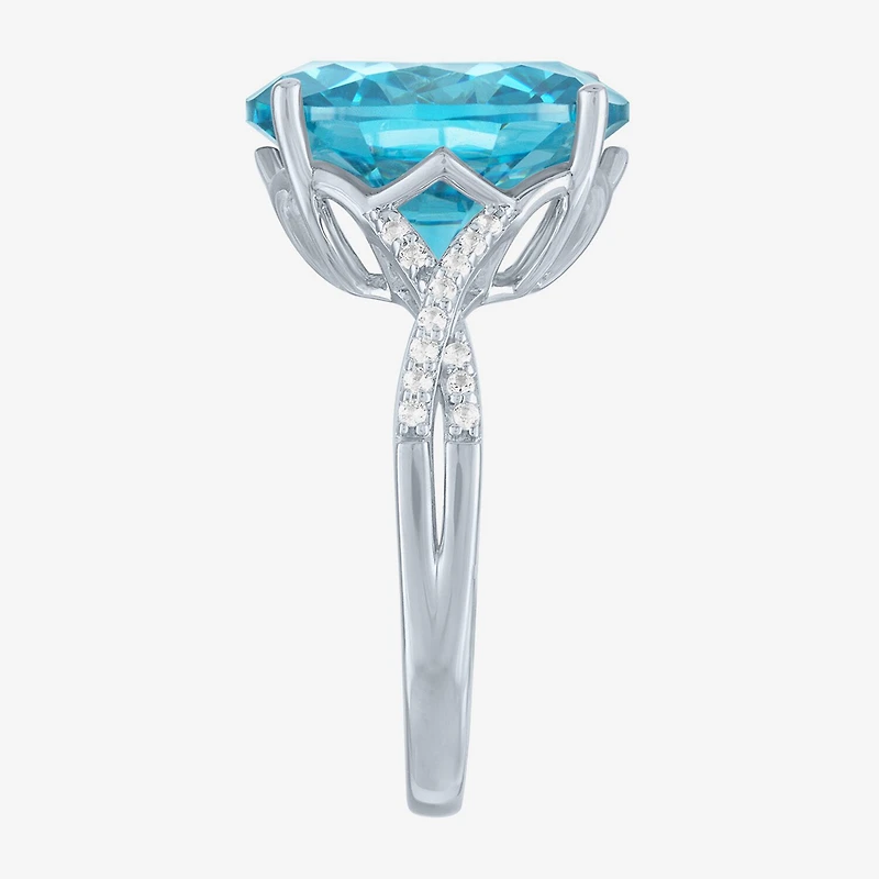 Womens Genuine Blue Topaz Sterling Silver Oval Side Stone Cocktail Ring