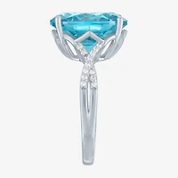 Womens Genuine Blue Topaz Sterling Silver Oval Side Stone Cocktail Ring