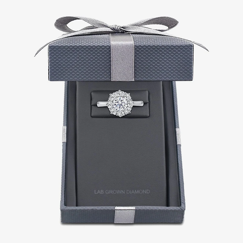 Grown Gorgeous (F, Vs2) Womens 1 1/2 CT. T.W. Lab White Diamond 14K Gold Round Halo Cocktail Ring