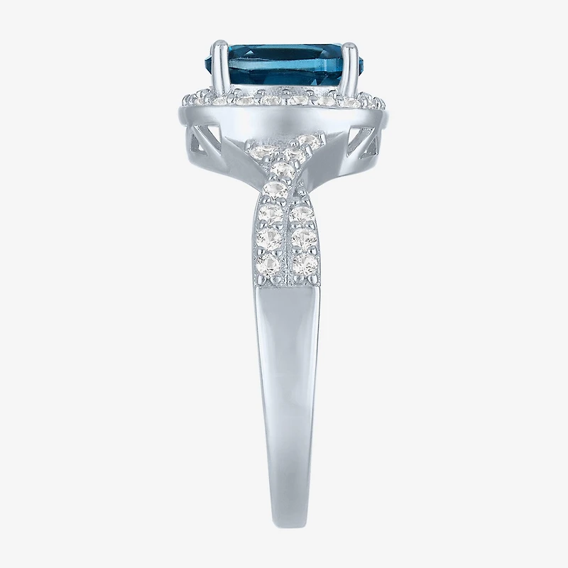 Yes, Please! Womens Genuine Blue Topaz Sterling Silver Halo Side Stone Cocktail Ring