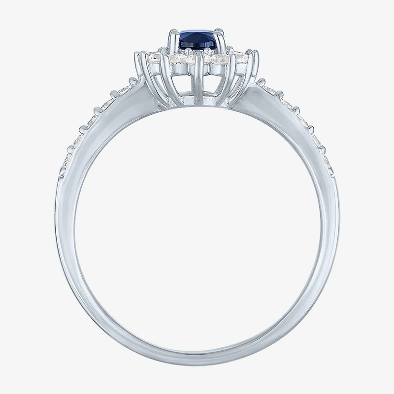Yes, Please! Womens Lab Created Blue Sapphire Sterling Silver Halo Side Stone Cocktail Ring