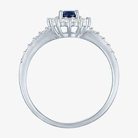 Yes, Please! Womens Lab Created Blue Sapphire Sterling Silver Halo Side Stone Cocktail Ring