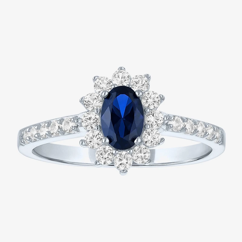 Yes, Please! Womens Lab Created Blue Sapphire Sterling Silver Halo Side Stone Cocktail Ring