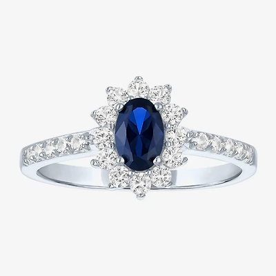 Yes, Please! Womens Lab Created Blue Sapphire Sterling Silver Halo Side Stone Cocktail Ring