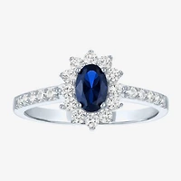 Yes, Please! Womens Lab Created Blue Sapphire Sterling Silver Halo Side Stone Cocktail Ring
