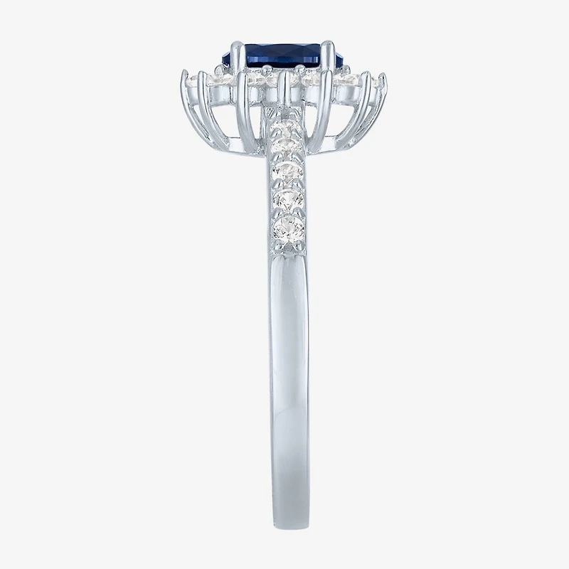 Yes, Please! Womens Lab Created Blue Sapphire Sterling Silver Halo Side Stone Cocktail Ring