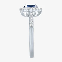 Yes, Please! Womens Lab Created Blue Sapphire Sterling Silver Halo Side Stone Cocktail Ring