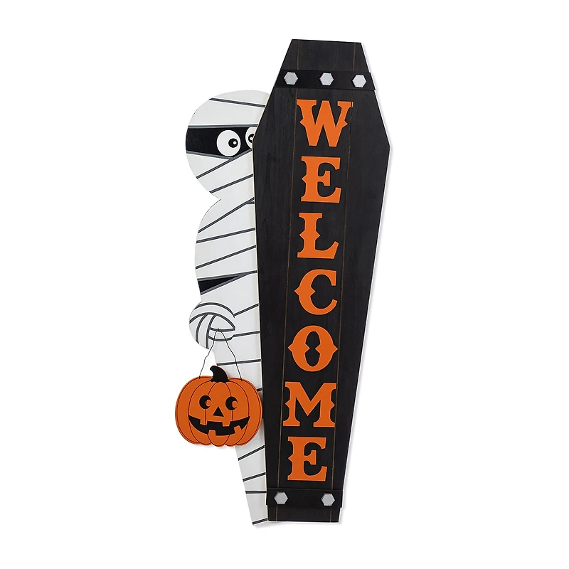 Glitzhome Halloween Wood Mummy And Welcome Coffin Halloween Porch Sign