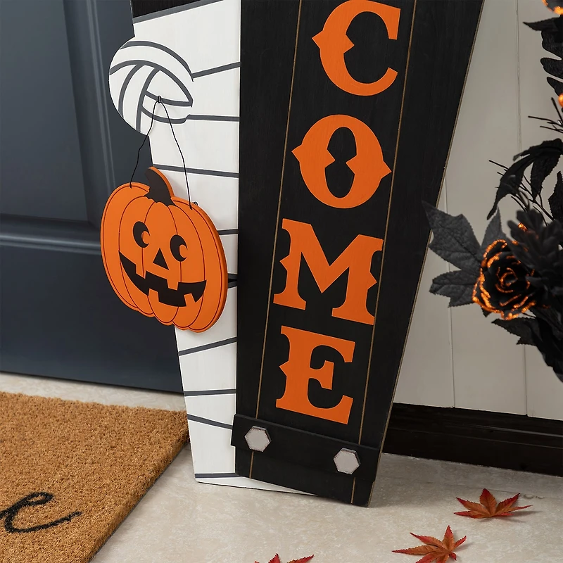 Glitzhome Halloween Wood Mummy And Welcome Coffin Halloween Porch Sign