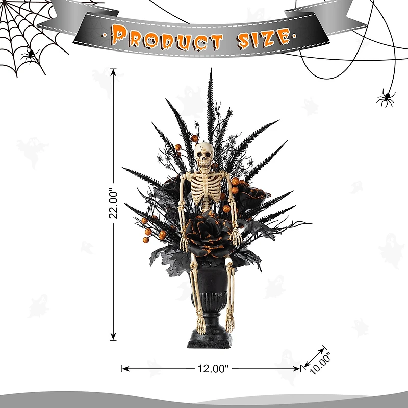 Glitzhome 22"H Halloween Black Rose, Skeleton And Berry Urn Tree Halloween Tabletop Decor
