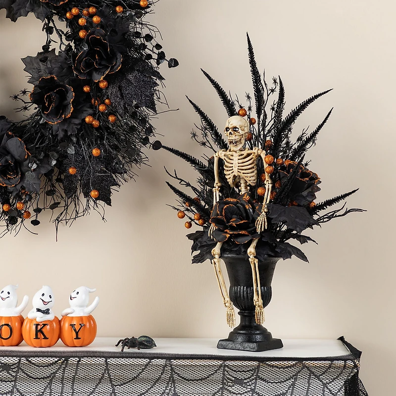 Glitzhome 22"H Halloween Black Rose, Skeleton And Berry Urn Tree Halloween Tabletop Decor