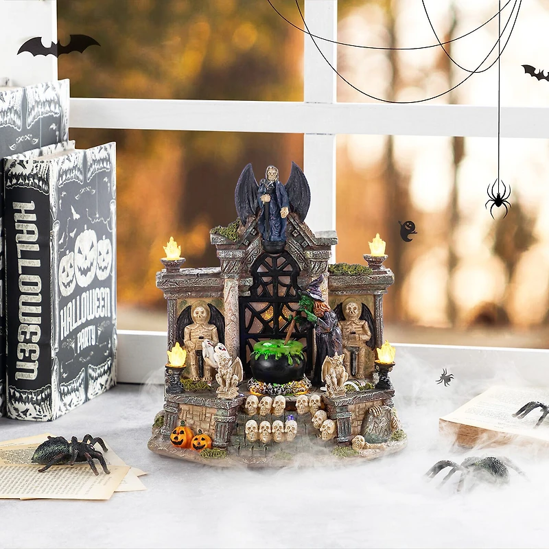 Glitzhome 10"H Lighted Resin Halloween Haunted House Halloween Tabletop Decor
