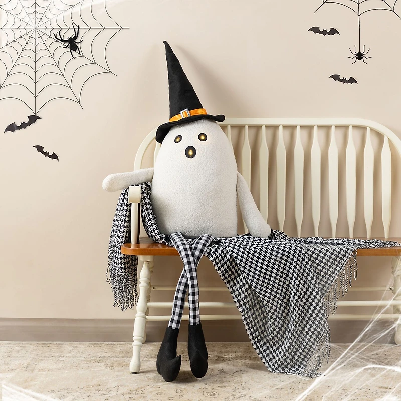 Glitzhome 66"H Halloween Oversized Lighted Fabric Ghost Sitter Halloween Porch Sign