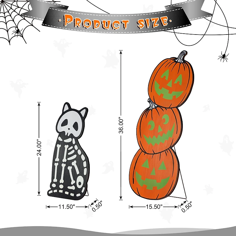 Glitzhome 36"H Halloween Wood Skeleton Cat And Stacked Pumpkin Halloween Porch Sign