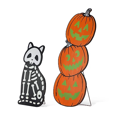 Glitzhome 36"H Halloween Wood Skeleton Cat And Stacked Pumpkin Halloween Porch Sign