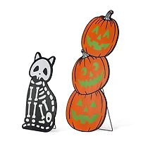 Glitzhome 36"H Halloween Wood Skeleton Cat And Stacked Pumpkin Halloween Porch Sign