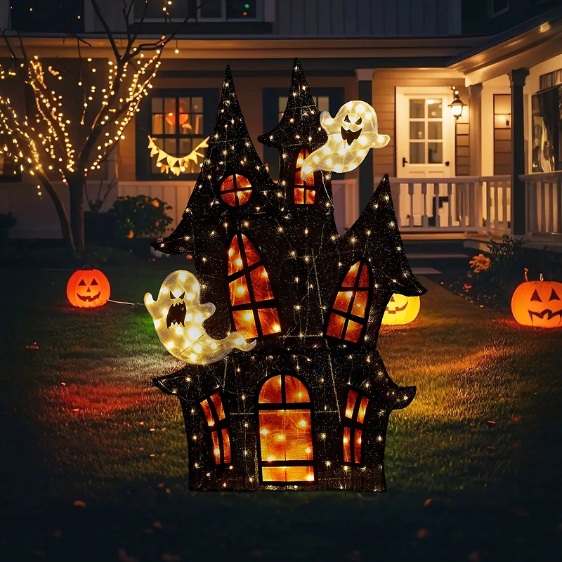 Glitzhome 62"H Lighted Halloween 2d Haunted House Outdoor Décor Halloween Inflatable