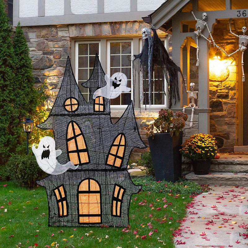 Glitzhome 62"H Lighted Halloween 2d Haunted House Outdoor Décor Halloween Inflatable