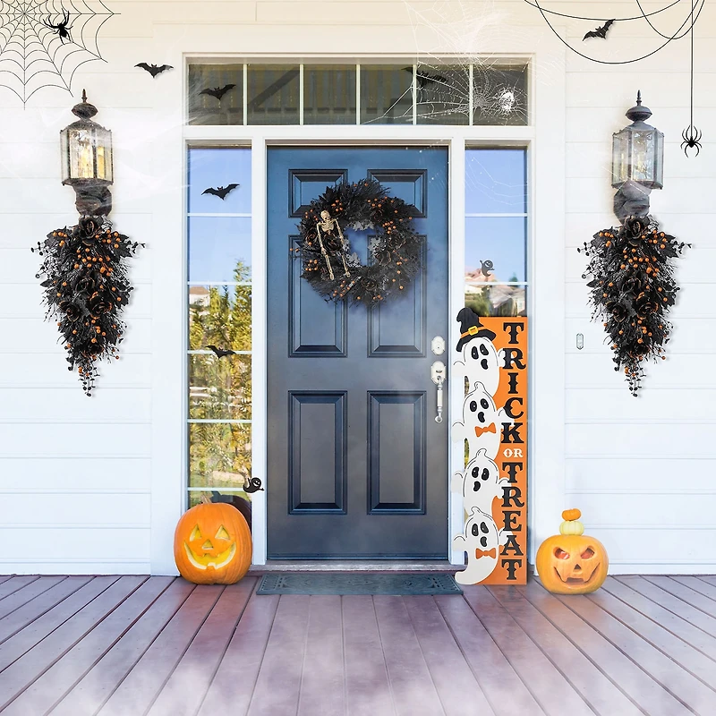 Glitzhome 28"H Halloween Black Rose And Berry Swag Wall Sign