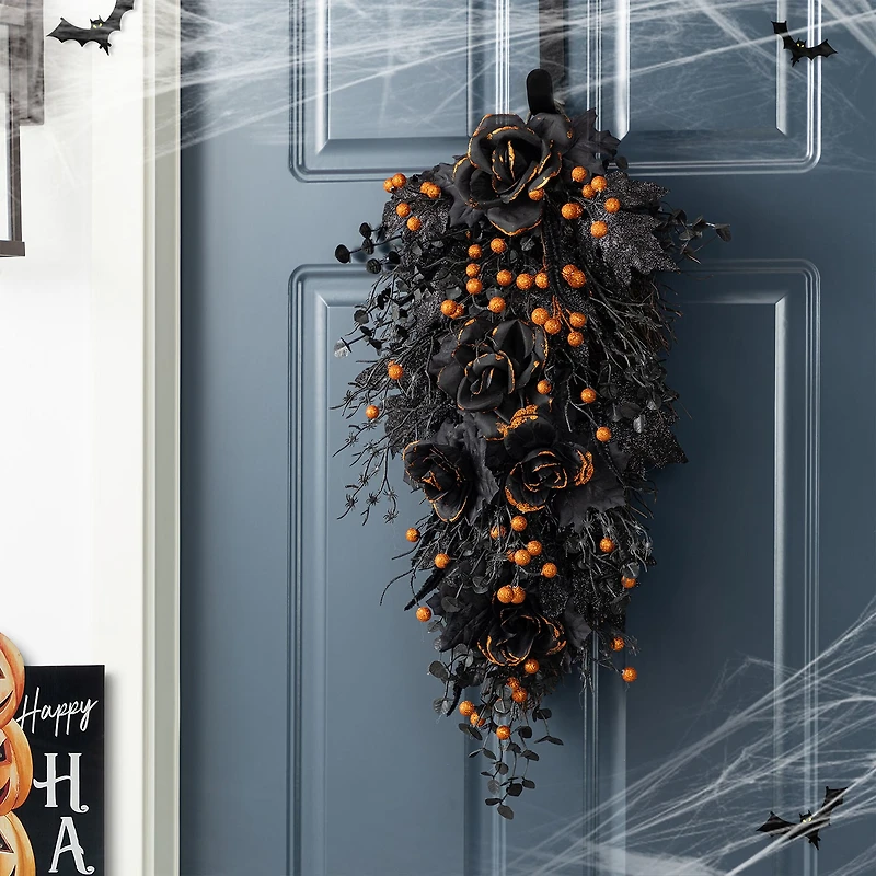 Glitzhome 28"H Halloween Black Rose And Berry Swag Wall Sign